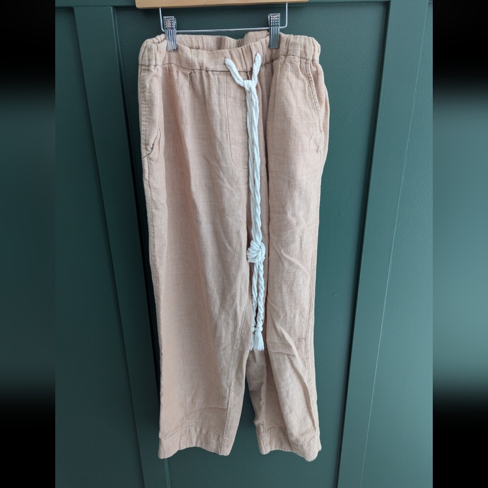 Beige Linen Drawstring Pants